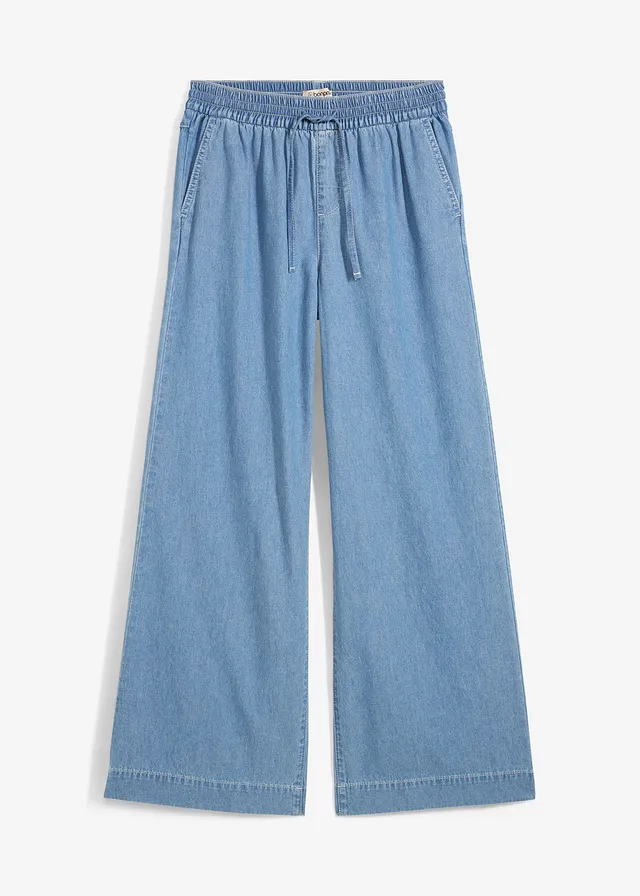 Wide leg jeans, mid waist met comfortband, Kleur: ijsblauw denim used