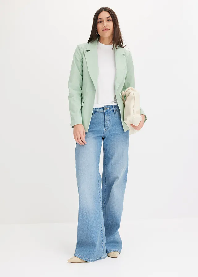 Wide leg jeans mid waist, stretch, Kleur: lichtblauw denim