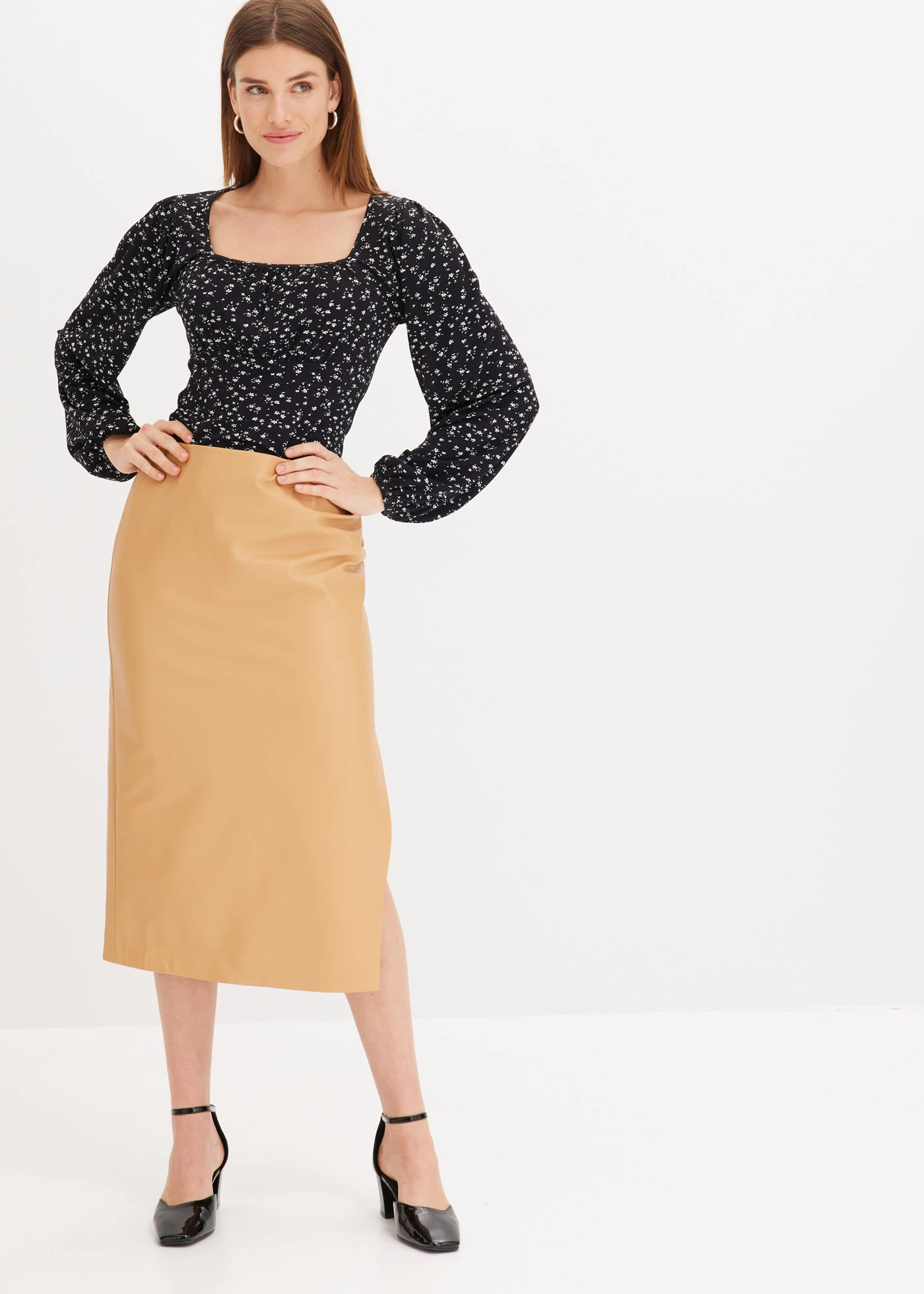 Shirt z długim rękawem i marszczeniem • czarno-biały • bonprix obchod