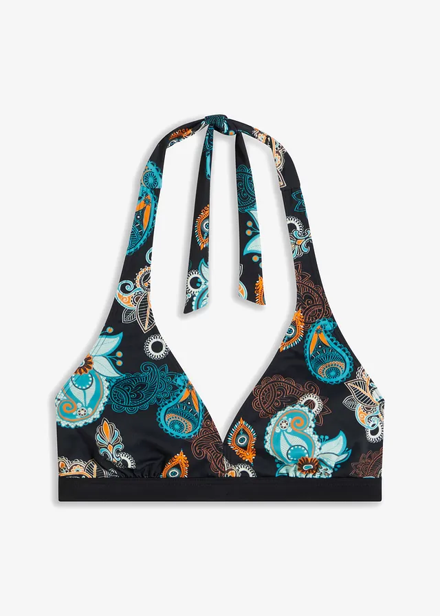 Halter bikinitop met gerecycled polyamide, Kleur: zwart-oranje gedessineerd
