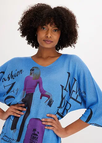 Pull • bleu moyen-noir imprimé • Boutique bonprix