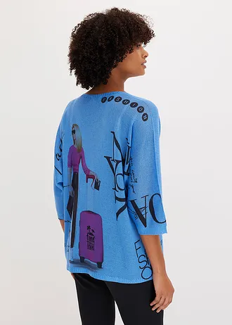 Trui, Kleur: middenblauw/zwart gedessineerd