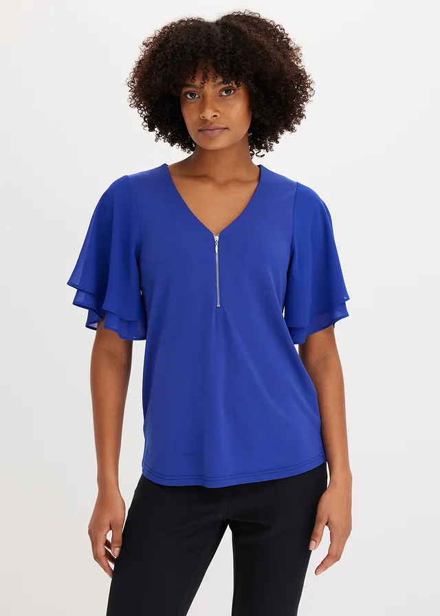 Shirt met chiffon mouwen, Kleur: saffierblauw