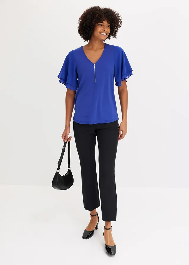 Shirt met chiffon mouwen, Kleur: saffierblauw