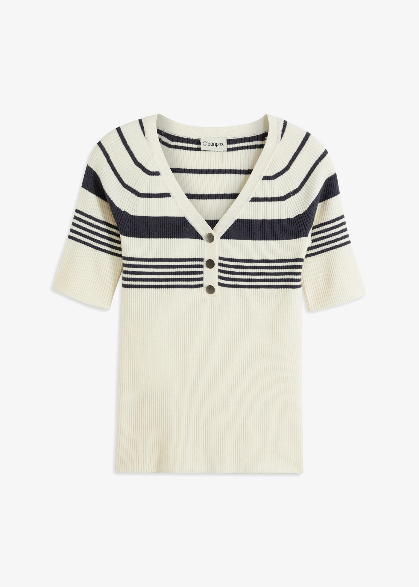Fijn gebreide trui met sierknopen • ivoorkleur-nachtblauw gestreept • bonprix online shop