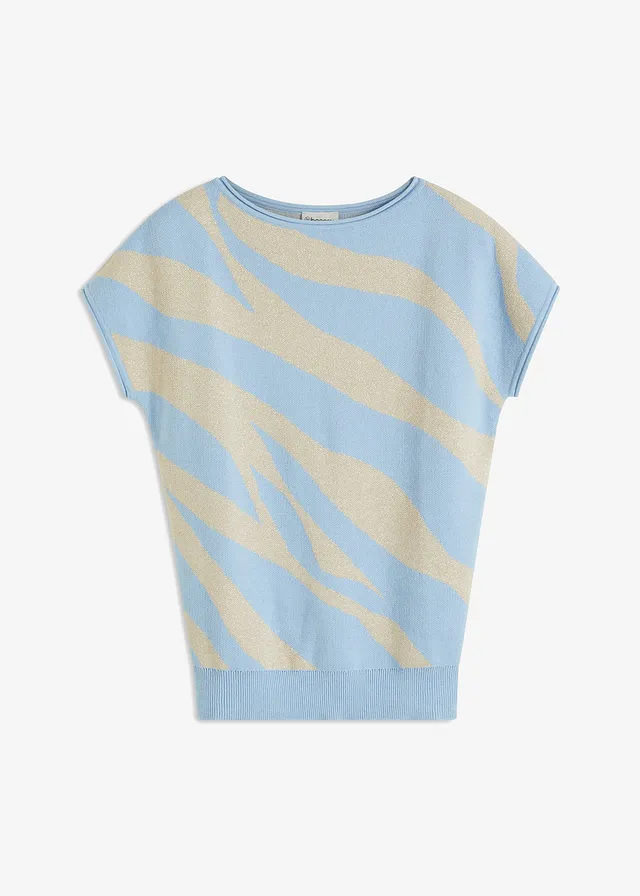 Pull en fine maille avec fil brillant, Couleur: bleu clair/gris pierre imprimé zèbre