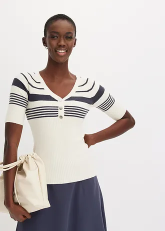 Fijn gebreide trui met sierknopen • ivoorkleur-nachtblauw gestreept • bonprix online shop