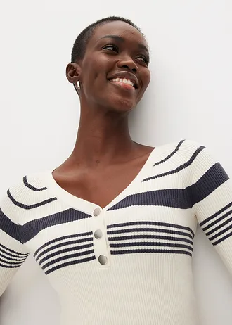 Fijn gebreide trui met sierknopen • ivoorkleur-nachtblauw gestreept • bonprix online shop