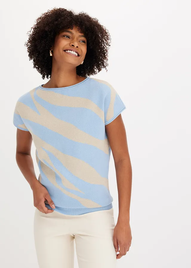 Pull en fine maille avec fil brillant, Couleur: bleu clair/gris pierre imprimé zèbre