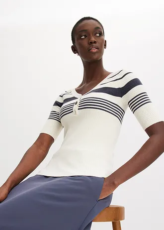 Fijn gebreide trui met sierknopen • ivoorkleur-nachtblauw gestreept • bonprix online shop