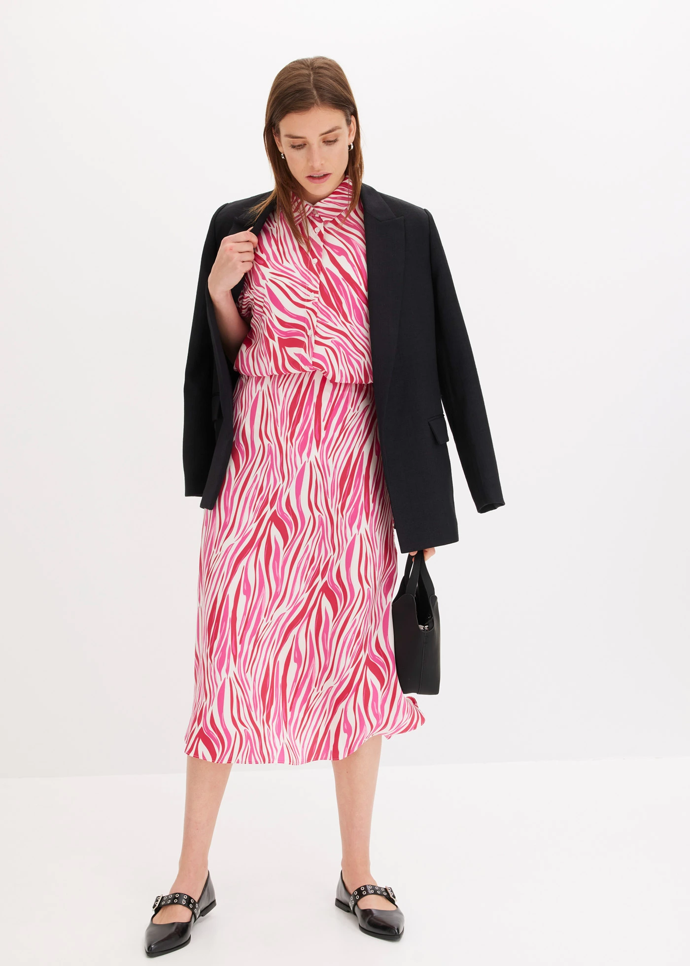 Jupe midi à taille élastiquée • crème-rose imprimé graphique • Boutique bonprix