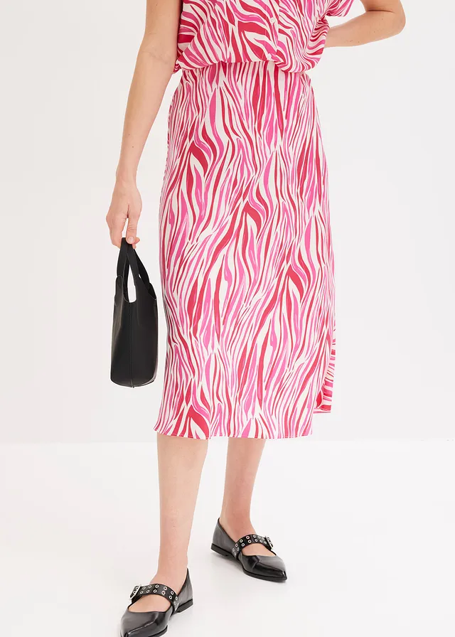 Jupe midi à taille élastiquée, Couleur: crème/rose graphique