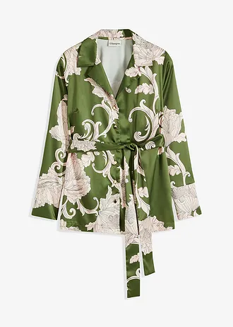 Gedessineerde blouse met satijn, Kleur: groen gebloemd