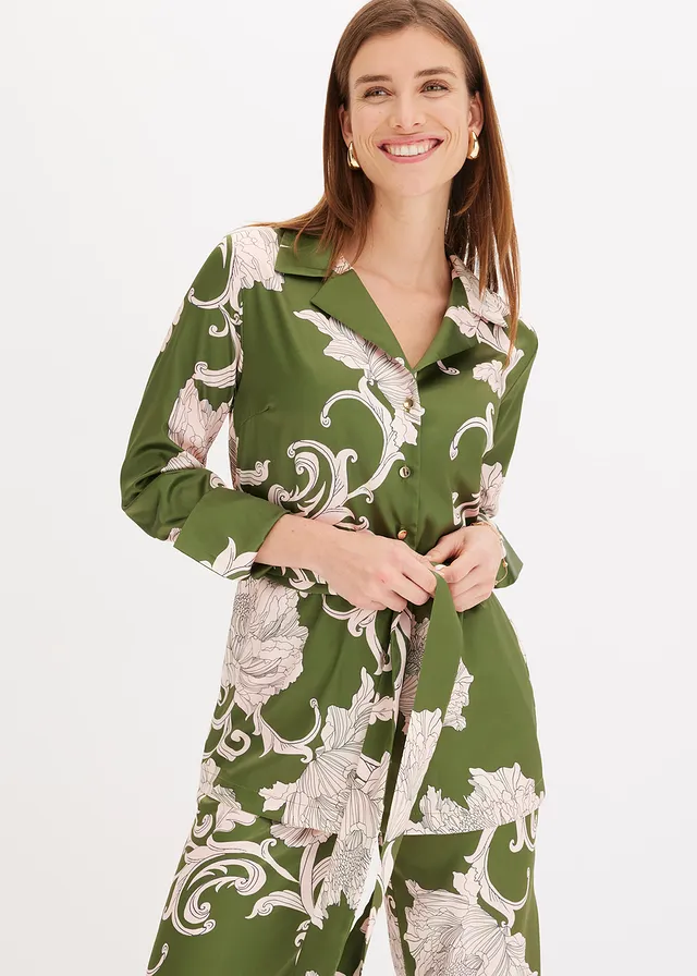 Gedessineerde blouse met satijn, Kleur: groen gebloemd