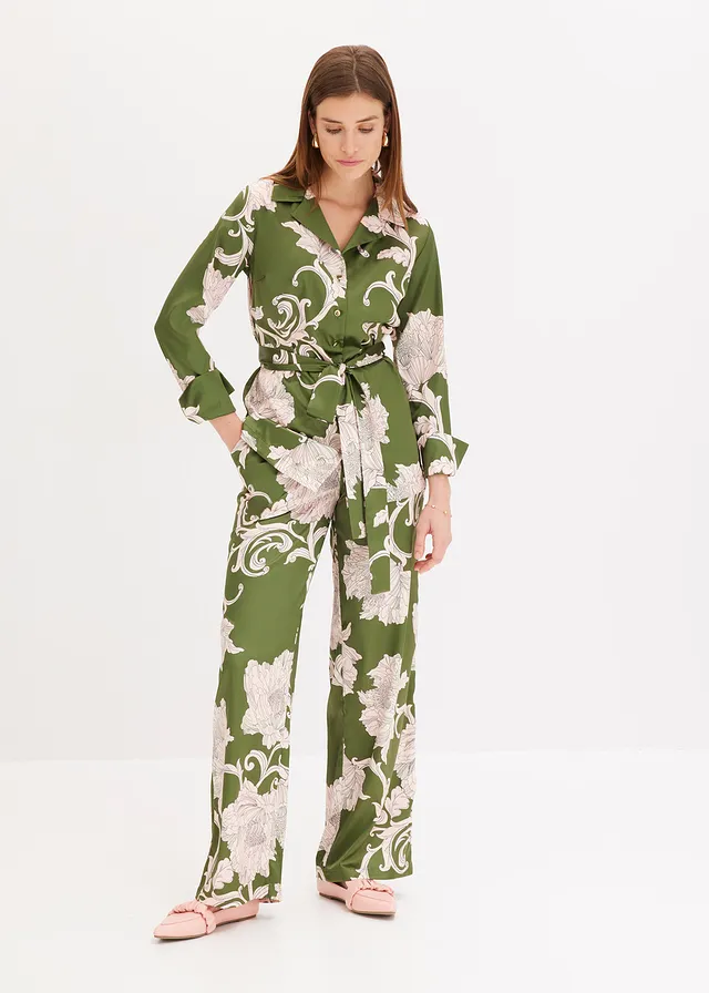 Gedessineerde blouse met satijn, Kleur: groen gebloemd
