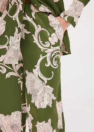Palazzo kalhoty ze splývavého saténu • zelená s květy • bonprix obchod