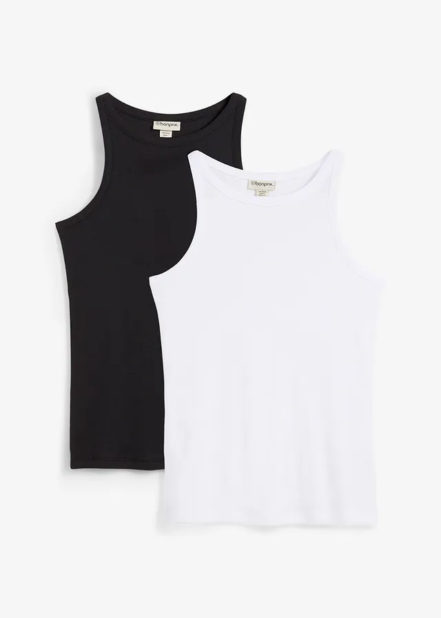 Lot de 2 tops côtelés 100% coton, Couleur: blanc + noir