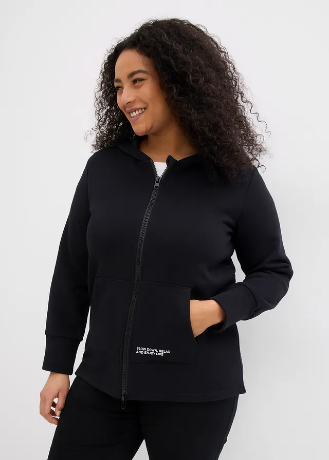 Sweat zippé en doux coton mélangé, Couleur: noir