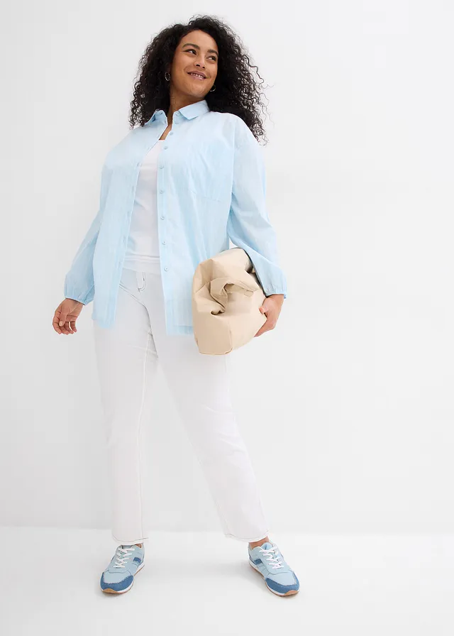 Stretch jeans mid waist, straight, Kleur: wit twill