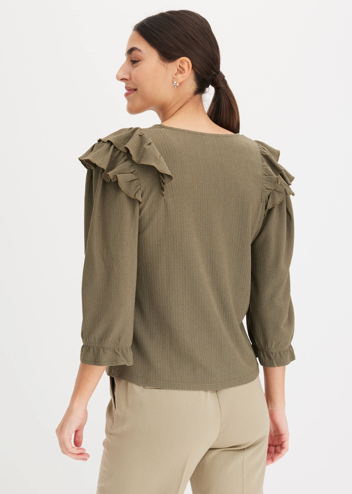 Bluză cu material structurat și volane • oliv închis • magazin bonprix