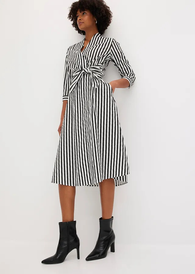 Midi jurk met bindceintuur, Kleur: wolwit/zwart gestreept