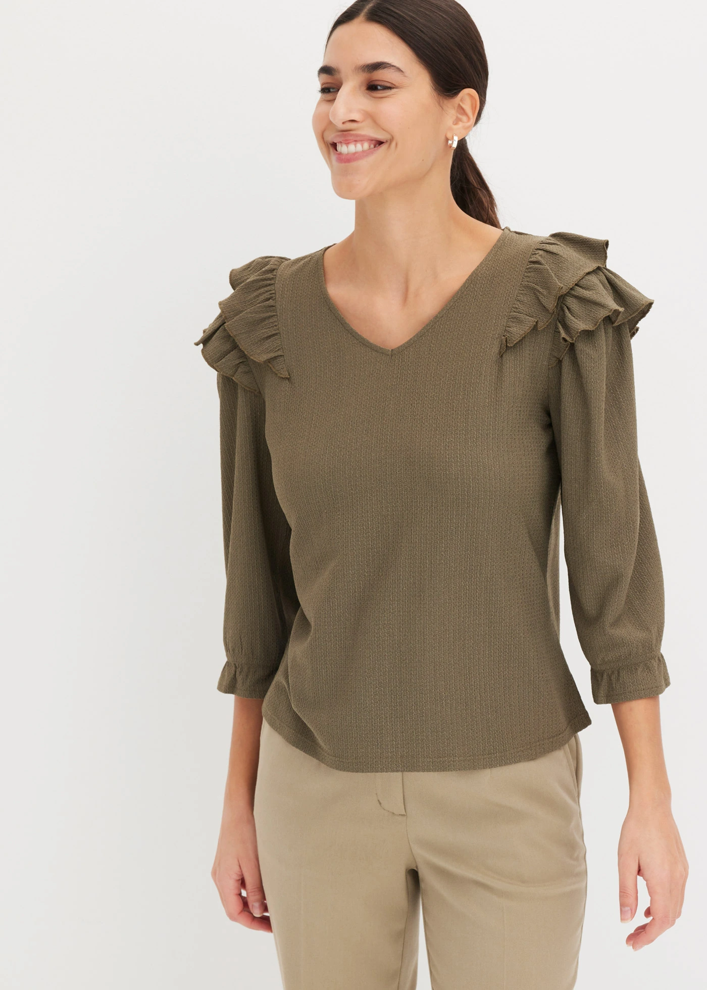 Bluză cu material structurat și volane • oliv închis • magazin bonprix