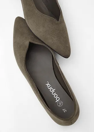 Baleríny z kože • tmavoolivová • obchod bonprix