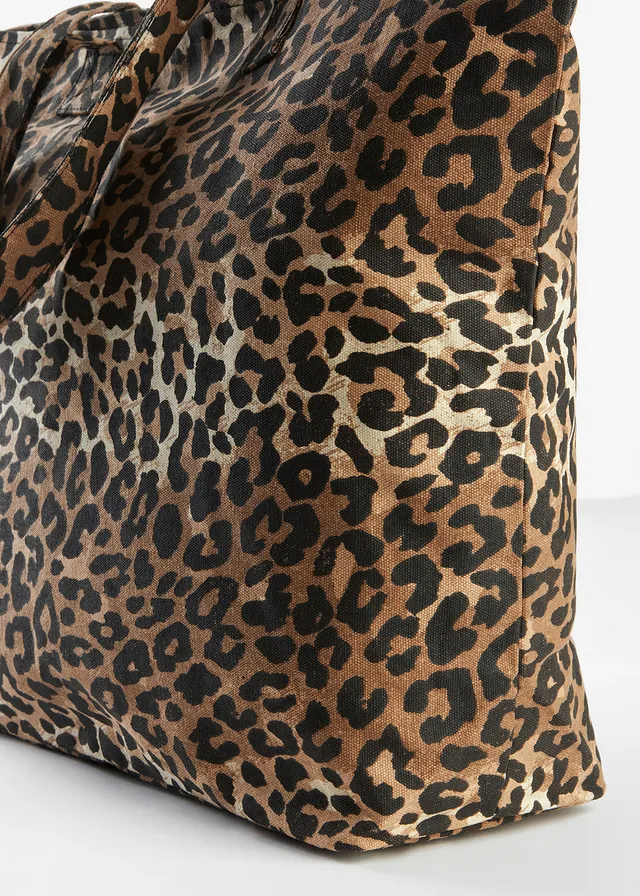 Canvas shopper in luipaardprint, Kleur: zwart-beige luipaardprint