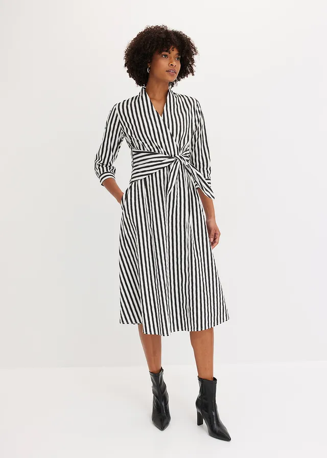 Midi jurk met bindceintuur, Kleur: wolwit/zwart gestreept