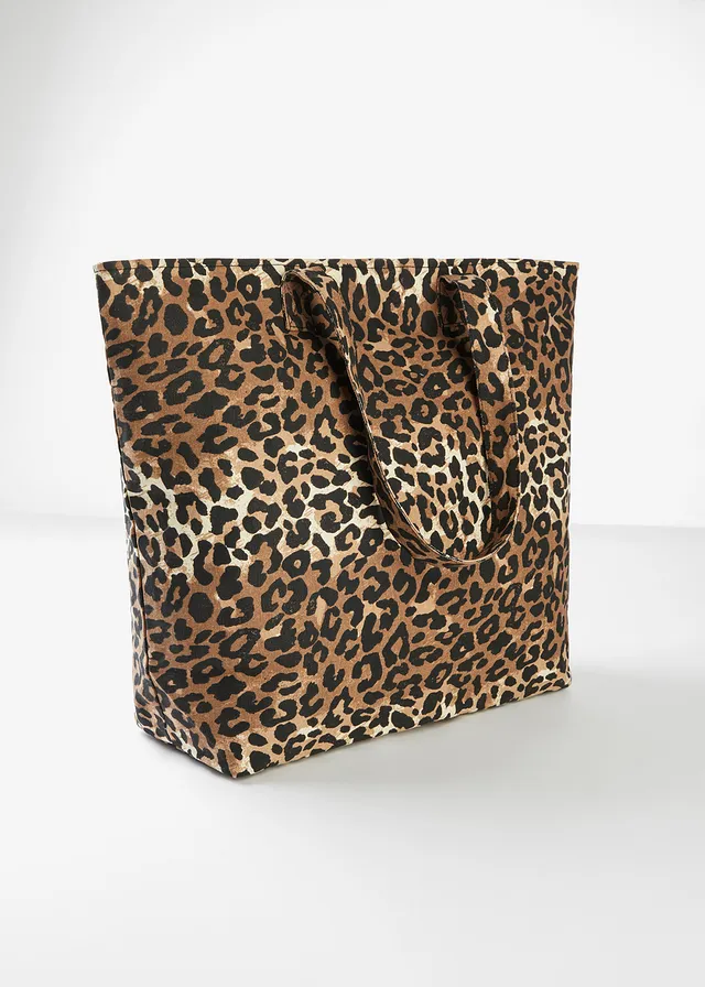 Canvas shopper in luipaardprint, Kleur: zwart-beige luipaardprint
