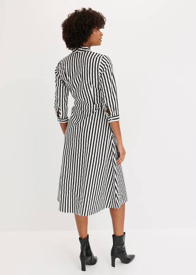 Midi jurk met bindceintuur, Kleur: wolwit/zwart gestreept