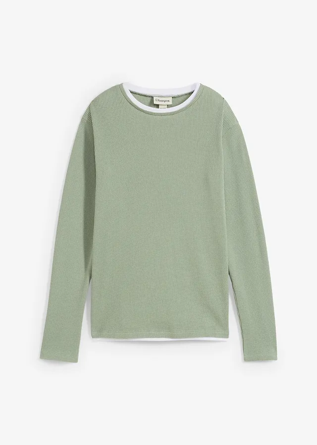 T-shirt manches longues 2 en 1 en coton aspect gaufré • vert fumé • Boutique bonprix