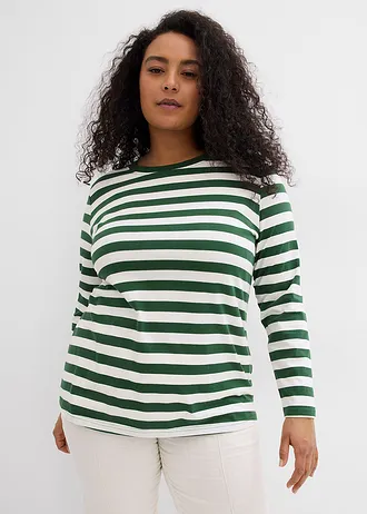 Longsleeve van biologisch katoen, Kleur: dennengroen-wolwit gestreept