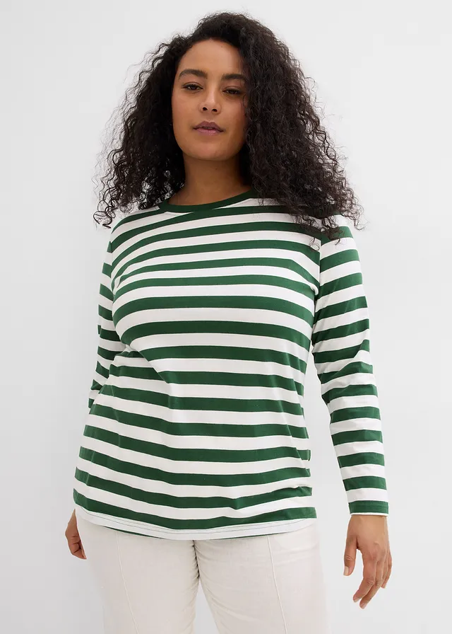 Longsleeve van biologisch katoen, Kleur: dennengroen-wolwit gestreept