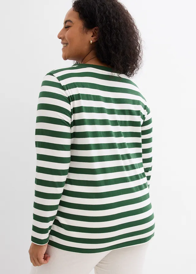 T-shirt rayé 100% coton, Couleur: vert épicéa/écru rayé