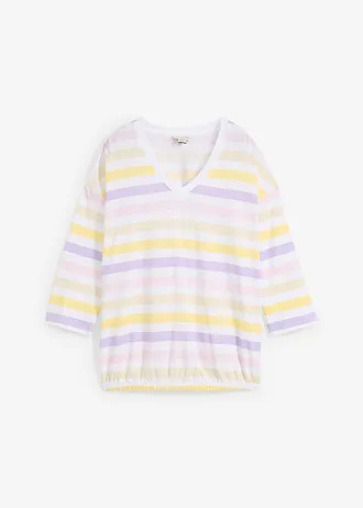 T-shirt en coton flammé, manches 3/4, Couleur: mauve poudré rayé