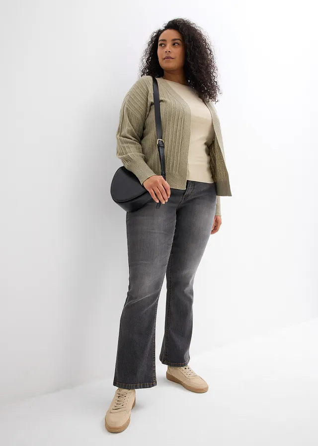 Jean bootcut taille mi-haute, extensible, Couleur: noir used