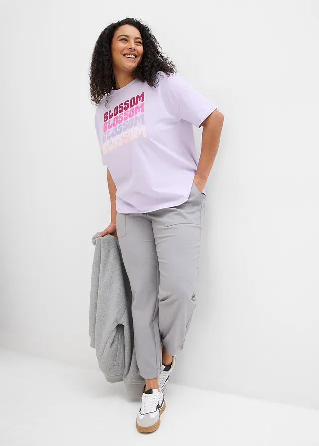 Oversized boxy shirt van biologisch katoen, Kleur: zacht lila gedessineerd