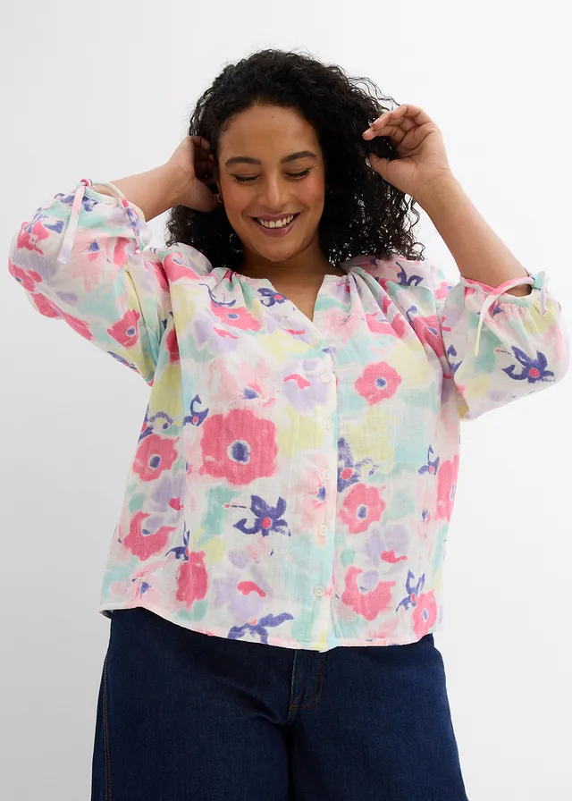 Mousseline blouse van puur katoen, Kleur: multicolor gebloemd