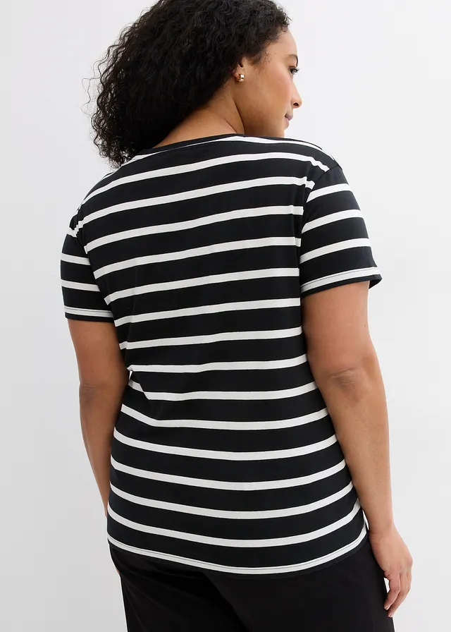 Lot de 2 T-shirts 100% coton, Couleur: noir-écru rayé