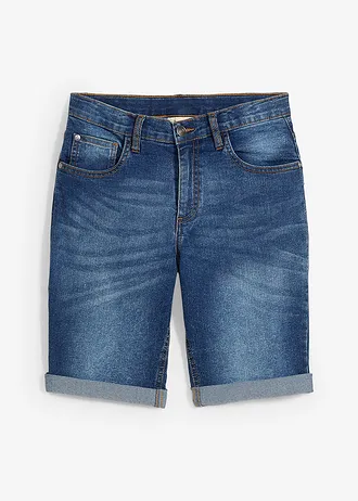Bermudy jeansowe chłopięce ze stretchem, z regulowanym paskiem, slim fit • niebieski denim • sklep bonprix