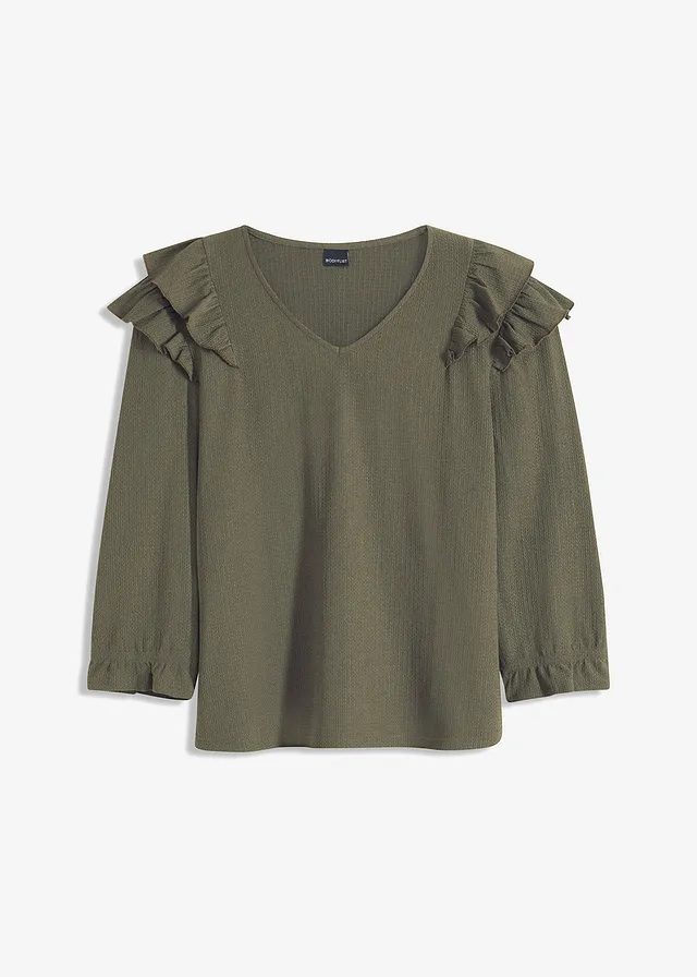 Bluză cu material structurat și volane • oliv închis • magazin bonprix