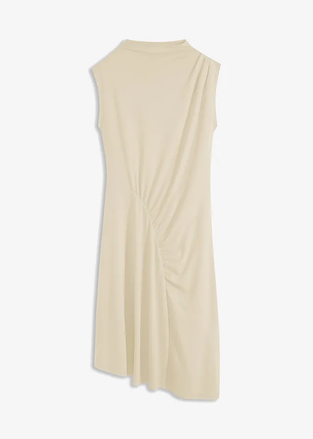 Rochie midi drapată și tiv asimetric