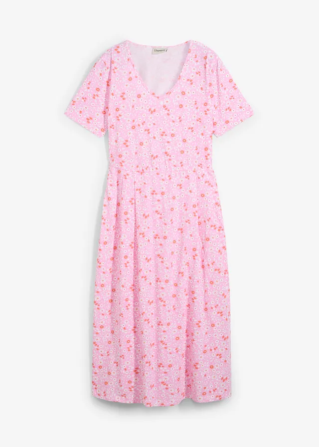 Robe midi en jersey coton, Couleur: rose/orange saumon/blanc