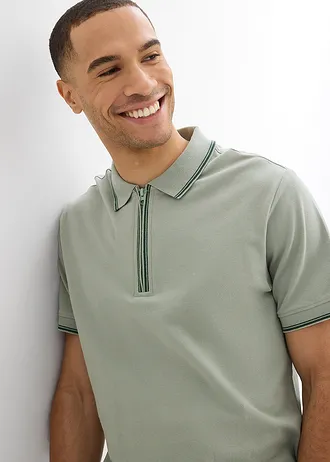 Piqué poloshirt van katoen met ritssluiting • rookgroen • bonprix online shop