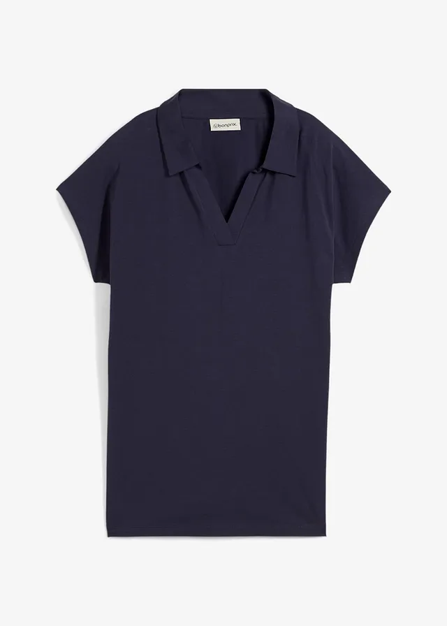 Shirt met een open polokraag, Kleur: donkerblauw