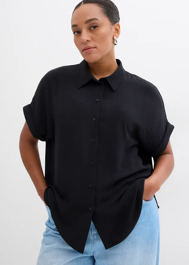 Oversized blouse van gestructureerde crêpe, Kleur: zwart