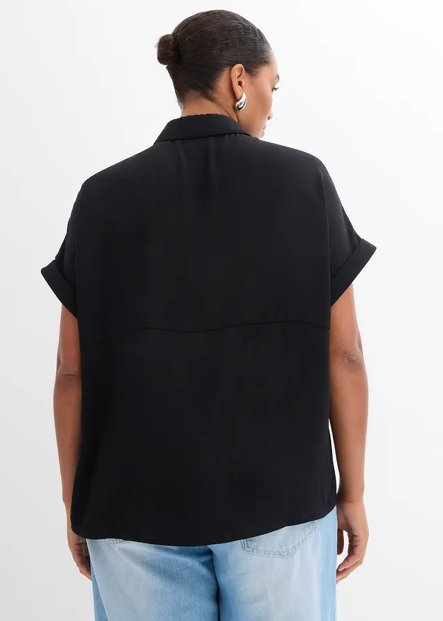 Oversized blouse van gestructureerde crêpe, Kleur: zwart