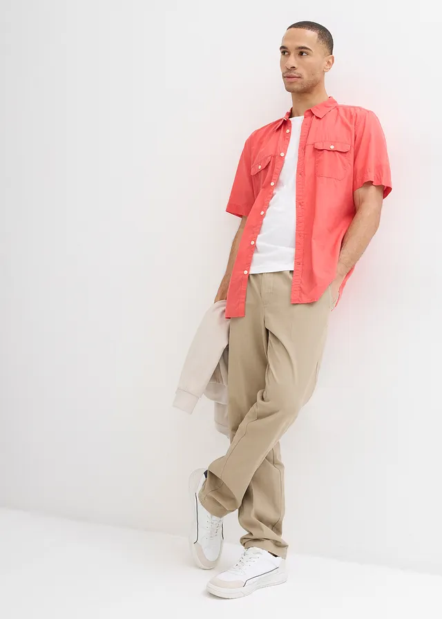 Chemise manches courtes 100% coton, Couleur: rouge corail