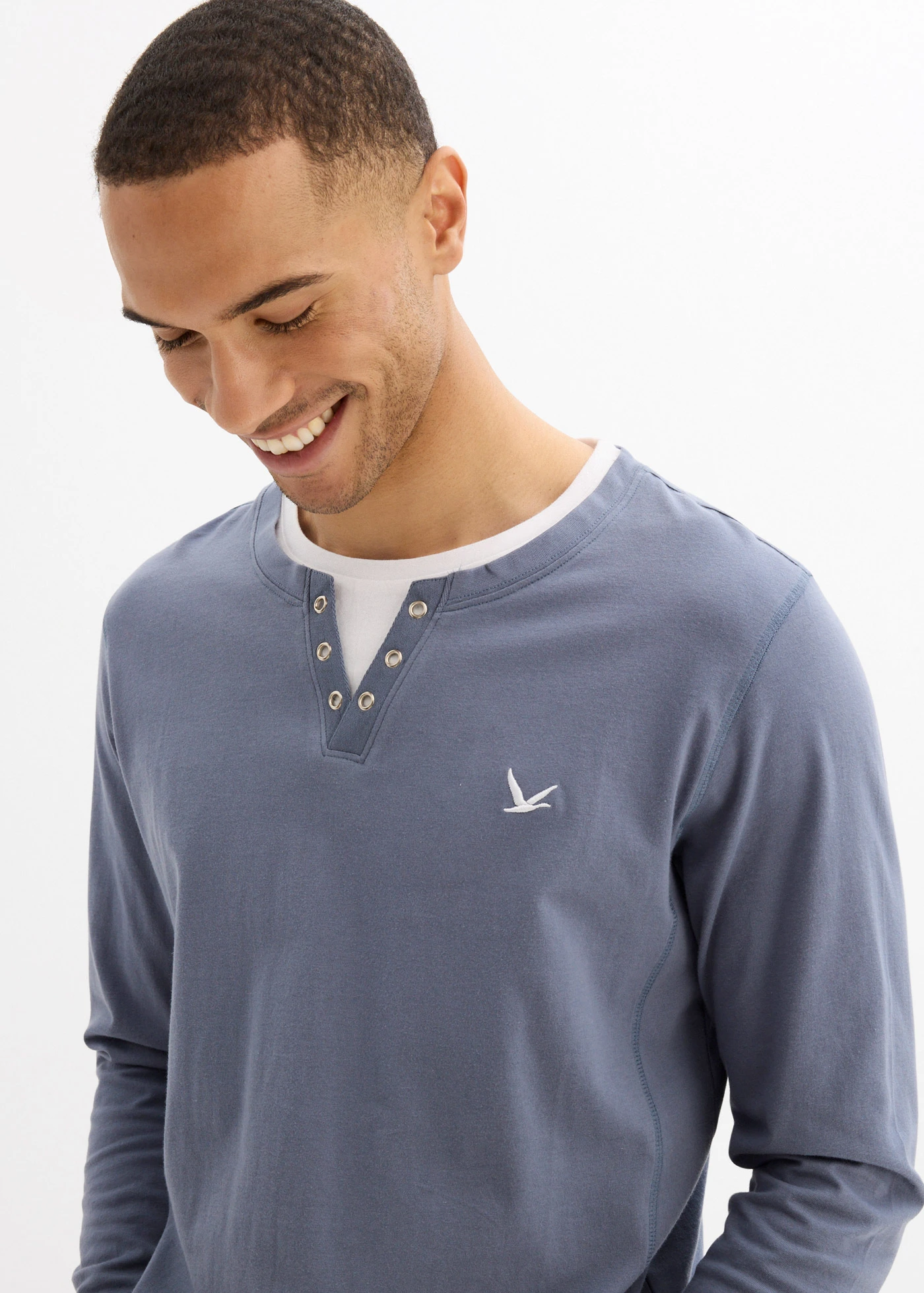 Lot de 2 T-shirts manches longues, style 2en1 • bleu foncé + bleu fumé • Boutique bonprix